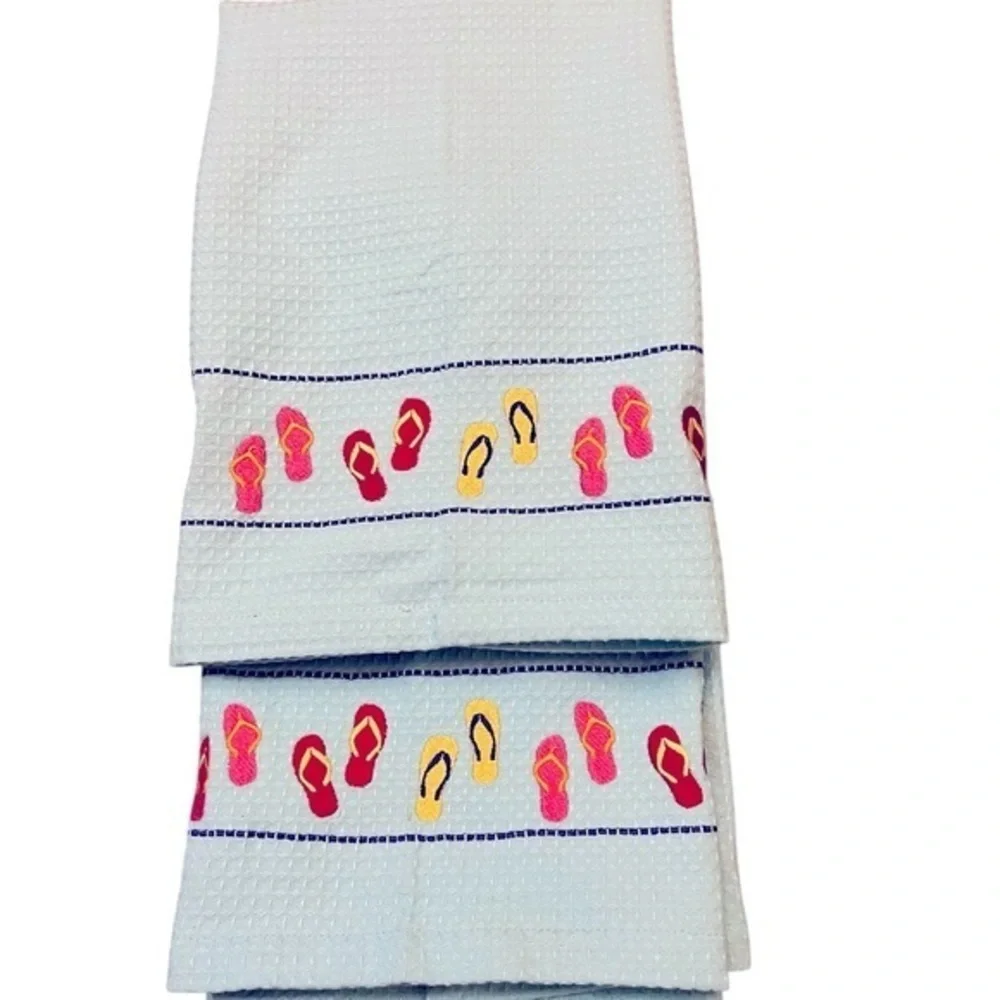 NWT Set of 4 Tag Ltd Aqua Cotton Waffle Dish Towels w Embroidered Flip Flops